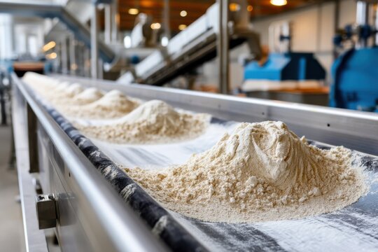 Piles of flour move along a conveyor belt, inside a food processing factory, ready for packaging.