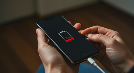 Smartphone displaying a low battery warning being charged with a cable showing a red battery icon and 3 percent charge remaining held in person's hands