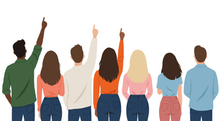 Fototapeta premium Diverse Group of People Pointing Upwards – Unity and Teamwork in Contemporary Flat Illustration