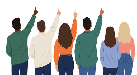 Fototapeta premium Diverse Group of People Pointing Upwards – Unity and Teamwork in Contemporary Flat Illustration