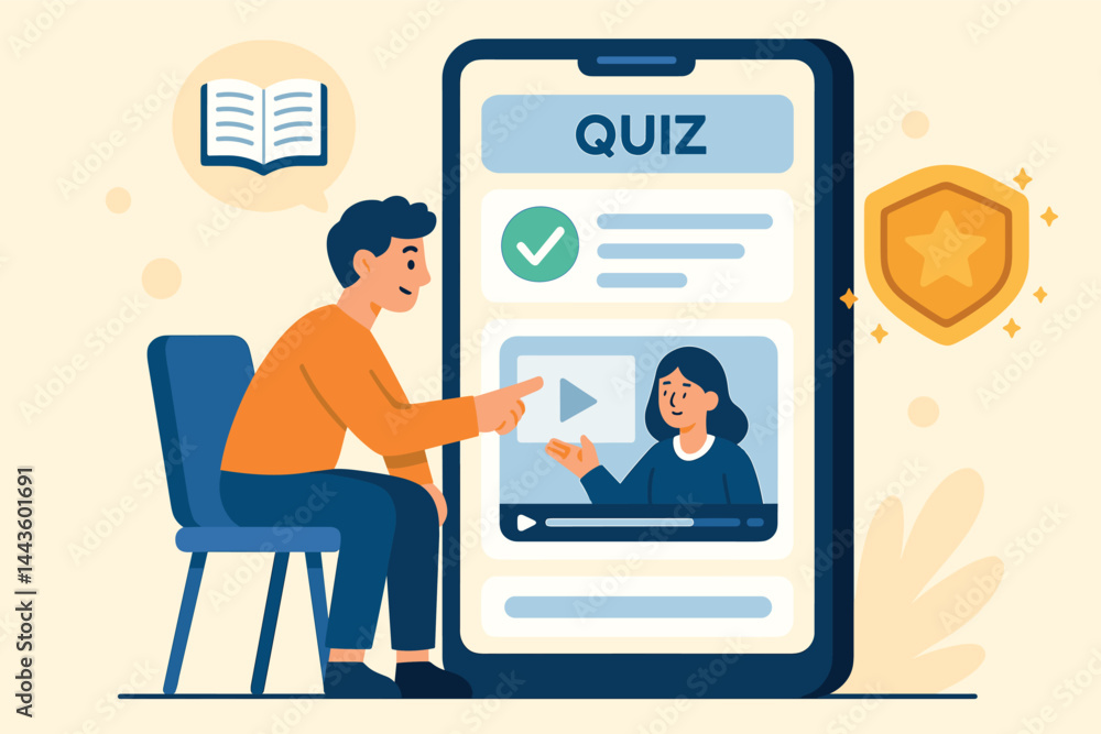 Aufkleber vector illustration of user interacting with educational mobile app, solving quizzes, watching lesso