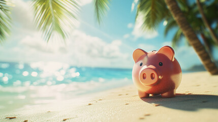 Piggy bank on a tropical beach with palm trees, symbolizing savings and vacation planning. Sunny, idyllic scenery perfect for financial concepts.