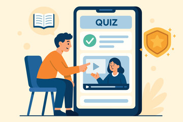 Fototapeta premium Vector illustration of user interacting with educational mobile app, solving quizzes, watching lessons, and unlocking badges