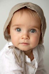An infant baby girl is shown in close-up, dressed in a vintage romper and bonnet hat