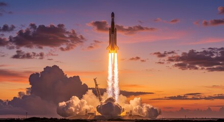 Rocket Launch at Sunset - A powerful rocket ascends into a vibrant sunset, symbolizing progress, innovation, exploration, ambition, and freedom