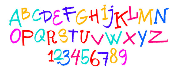 Vector stylized artistic font. Hand drawn alphabet design, from A to Z and numbers from 0 to 9. Made of marker strokes. Beautiful realistic, scratched and horror style., back to school style.