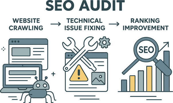Vector illustration of SEO audit process showing website crawling, technical issue fixing, and ranking improvement strategies