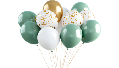 A vibrant collection of balloons in green, white, and gold with confetti, creating a festive atmosphere for celebrations