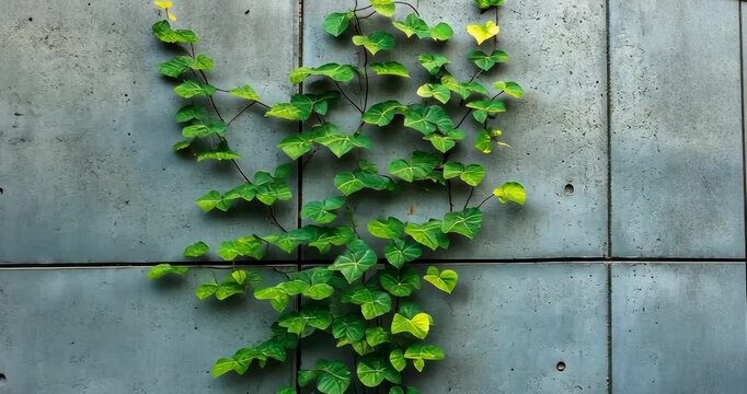 Green ivy gracefully climbs a textured concrete wall.