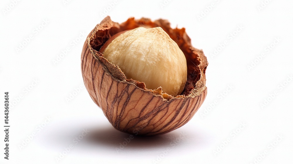 Poster single hazelnut in its shell on white background for culinary use