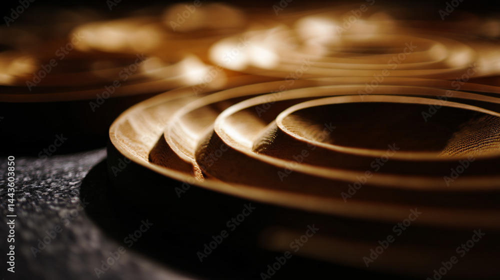 Poster creating nested wooden circles artistic display in contemporary art, close-up view of craftsmanship 