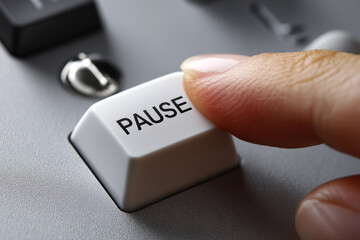 A man presses the Pause white button with his finger. Close-up of the finger and the button.

