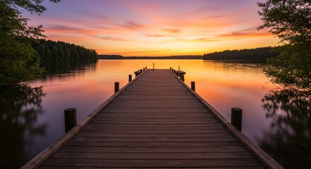 Serene Sunset Over Calm Lake - Tranquil sunset view over a still lake, with a wooden dock extending towards the horizon. Peaceful and idyllic scene