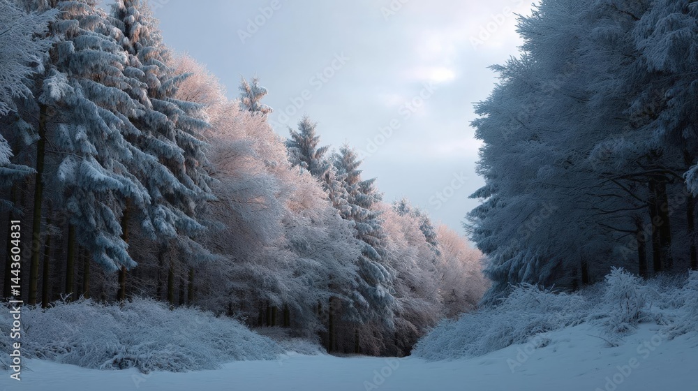 Aufkleber snowy forest with tall trees on both sides. the trees are covered in a thick layer of snow, and the 