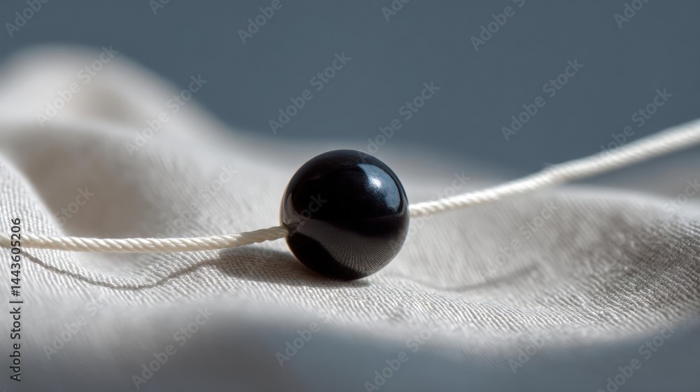 Poster single black bead on a white string. the bead is round and appears to be made of a smooth, shiny mat