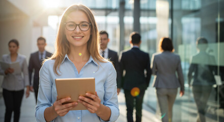 Obraz premium A woman is standing in a bright office hallway, holding a tablet and smiling at the camera, with blurred colleagues walking in the background.
