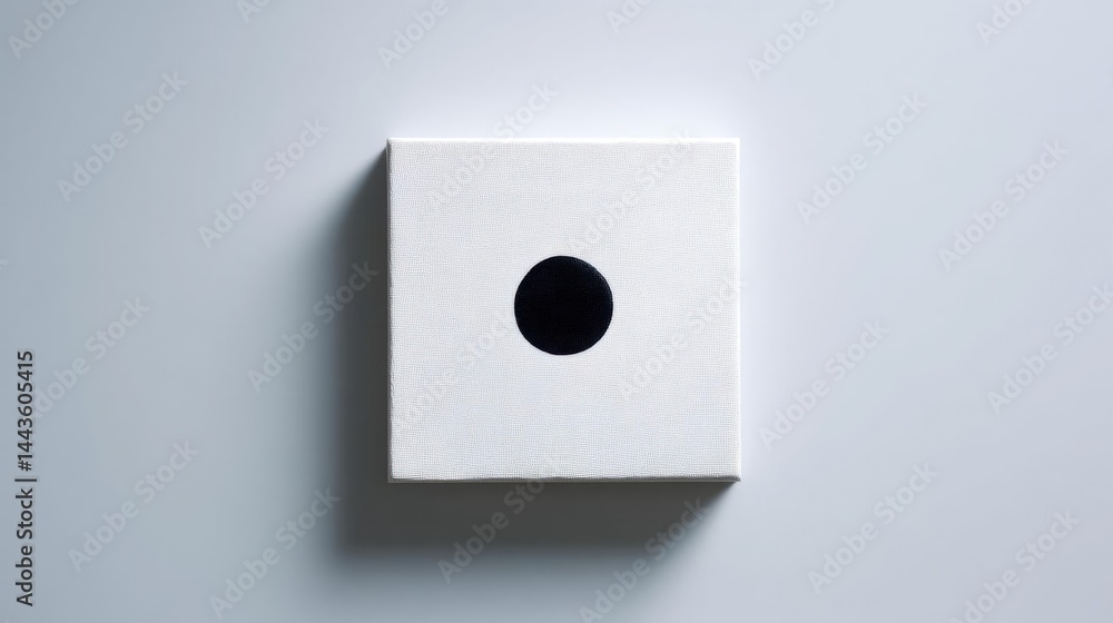 Poster square-shaped white canvas with a black circle in the center. the canvas is placed on a light grey b