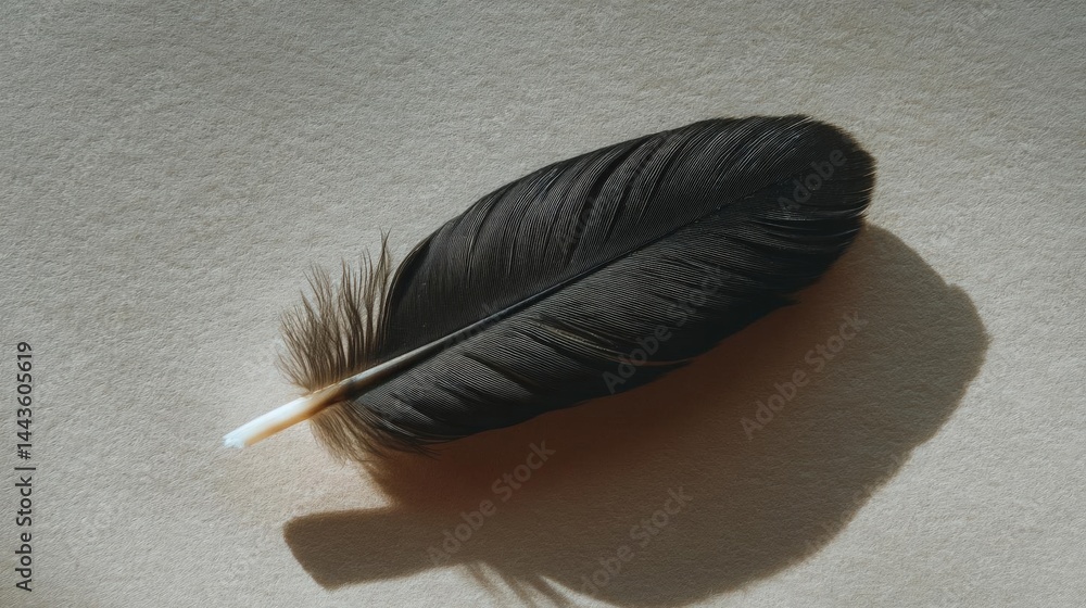 Poster close-up of a black feather on a beige background. the feather is in the center of the image and is 