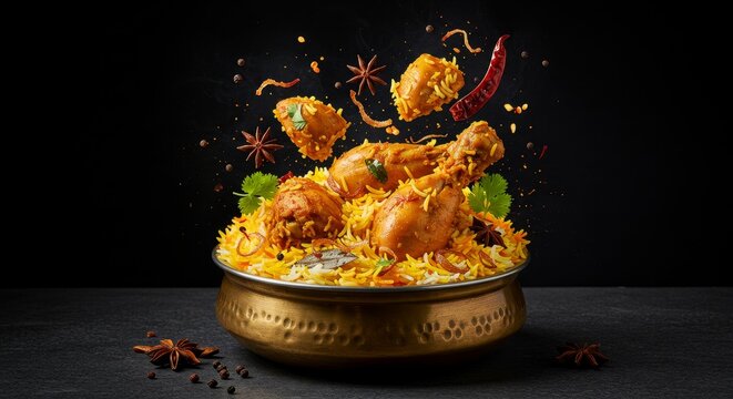 Spicy Chicken Biryani with Flying Food Effect - Aromatic chicken biryani, a flavorful rice dish