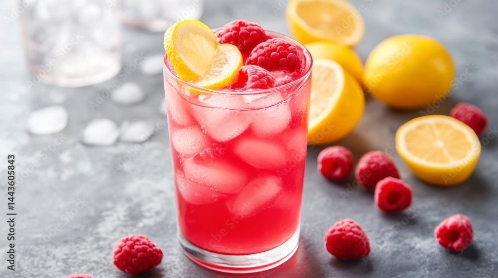 Poster refreshing raspberry lemonade drink with ice and lemon slices in a glass.