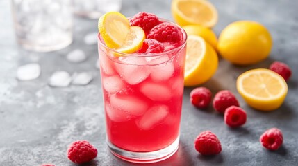 Refreshing raspberry lemonade drink with ice and lemon slices in a glass.