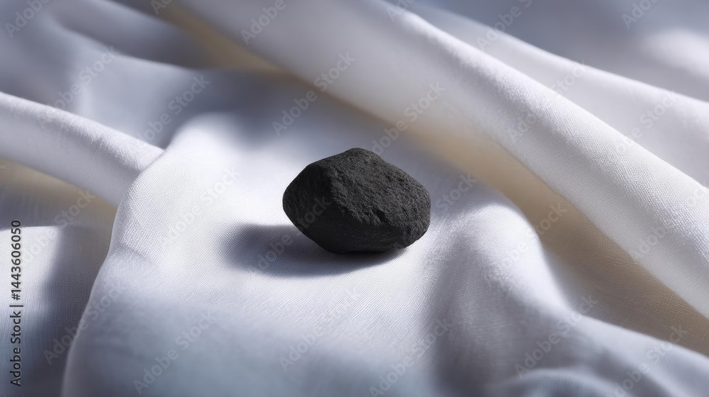 Aufkleber single black stone resting on a white fabric. the stone appears to be smooth and shiny, with a rough