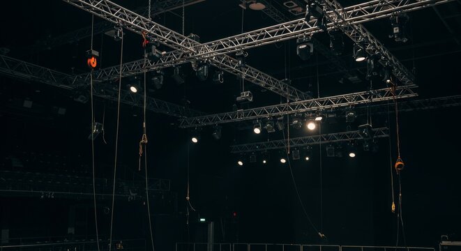 Stage Lighting Rigging and Setup - Overhead view of a complex stage lighting and rigging system, showing numerous lights and hanging equipment against a dark background