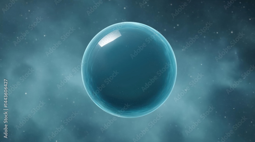 Poster 3d rendering of a spherical object in the center of a dark blue background with small white stars sc