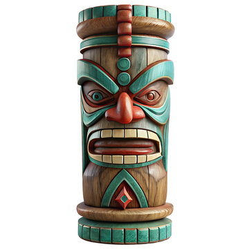 Close up of a colorful carved wooden tiki totem pole statue on transparent background