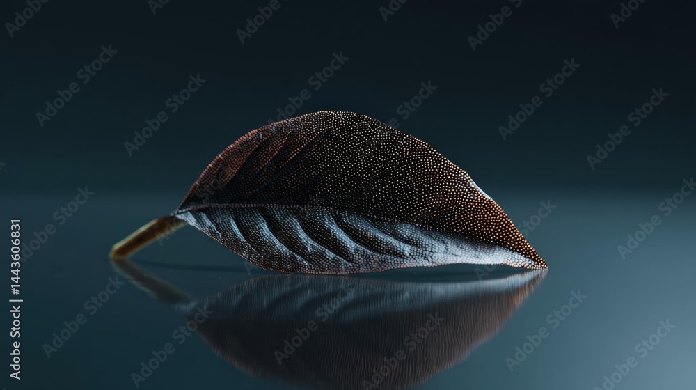 Poster close-up of a single leaf on a dark blue background. the leaf is in the center of the image and is t
