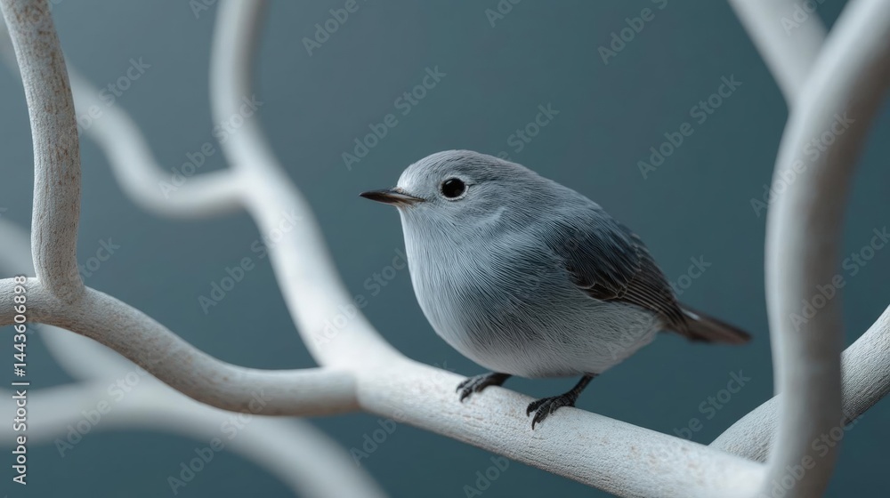 Poster close-up photograph of a small bird perched on a thin branch. the bird is facing towards the right s