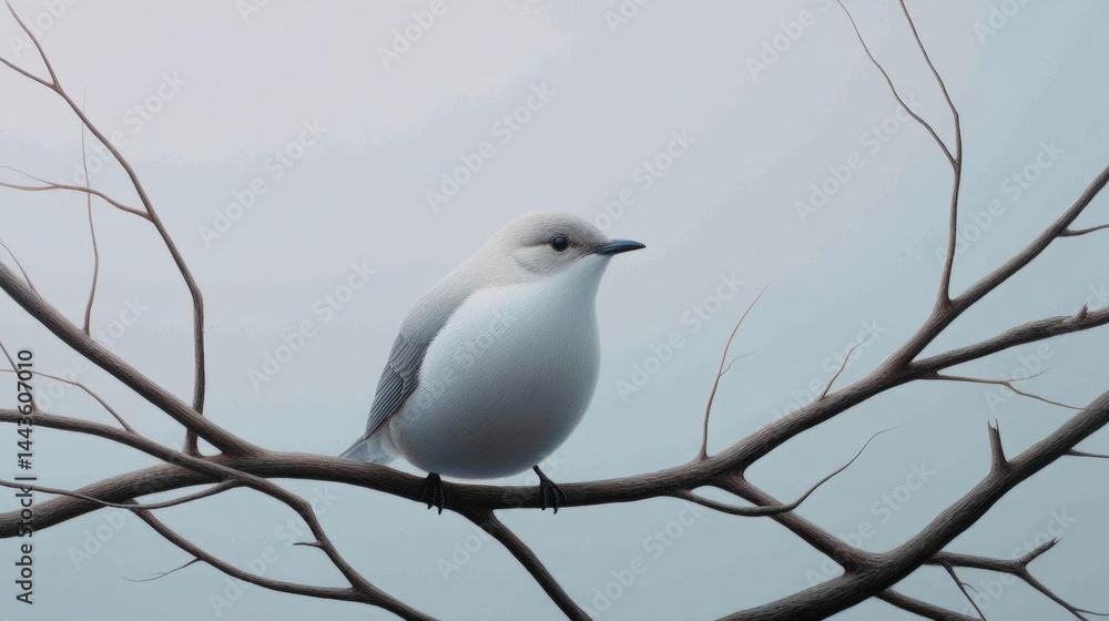 Poster digital illustration of a bird perched on a tree branch. the bird is facing towards the right side o