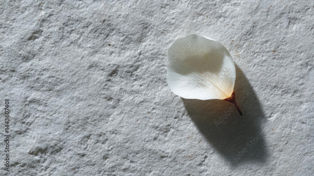 Poster close-up of a single white flower petal lying on a gray textured surface. the petal is in the center