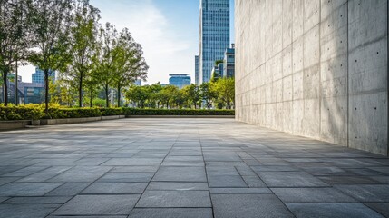 Fototapeta premium Modern city plaza with concrete wall, trees, and skyscrapers in background.