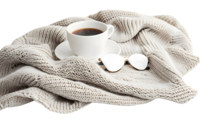 Cozy Night Essentials: Sleep Mask, Cup of Coffee, and Knitted Blanket on Light Background for Relaxation and Rest