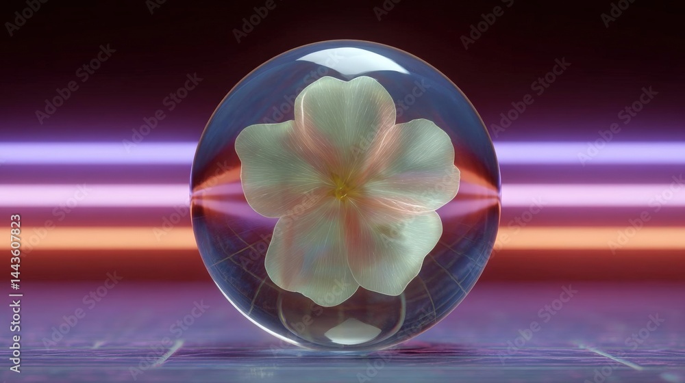 Poster digital art piece that appears to be a sphere with a flower inside it. the sphere is round and trans