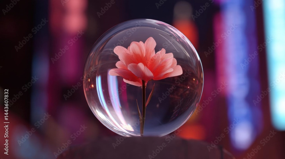 Poster close-up of a single pink flower inside a transparent sphere. the sphere is spherical and appears to