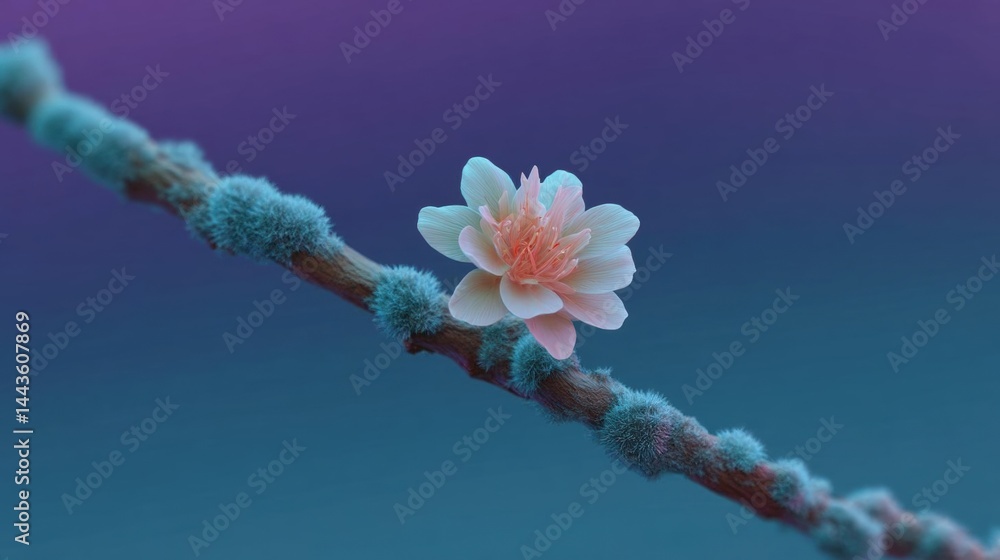 Poster close-up of a single pink flower on a thin branch. the branch is covered in a layer of frost, giving