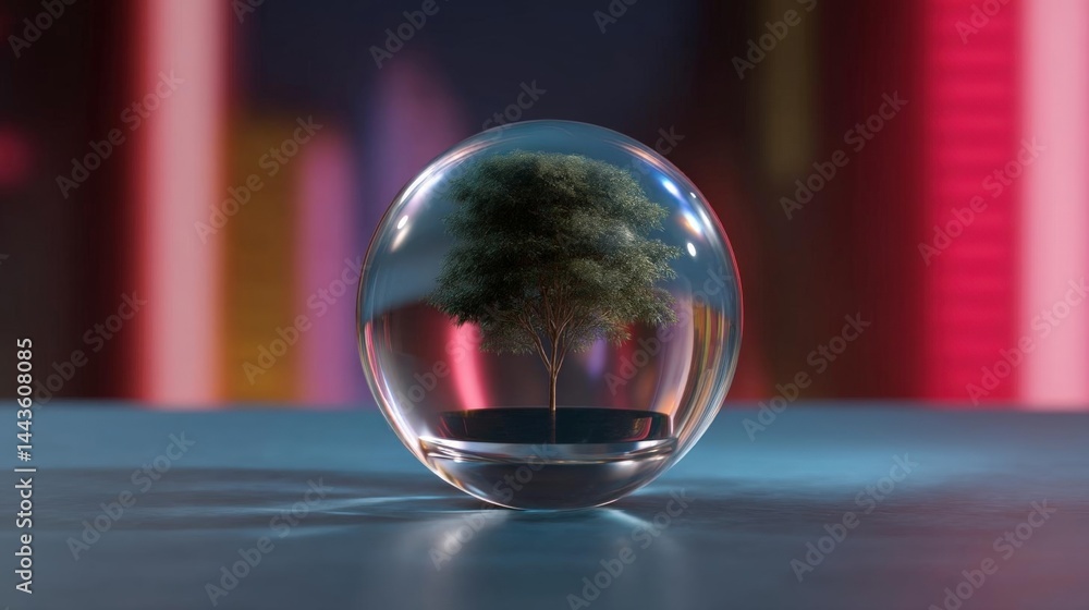 Poster 3d rendering of a glass sphere with a small tree inside. the sphere is placed on a blue surface with