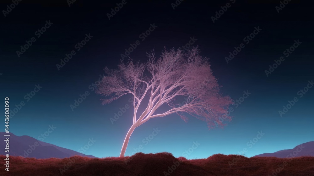 Poster digital illustration of a single tree on top of a hill. the tree is tall and slender with a thin tru