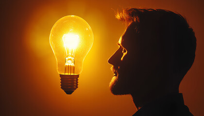 Creative thinking ideas and innovation concept. Logical idea concept. Silhouette of a man with a light bulb in his brain. Silhouette of a man with a light bulb in his brain on a dark background