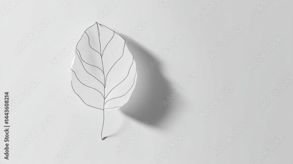Poster black and white line drawing of a single leaf on a plain white background. the leaf is drawn in a si