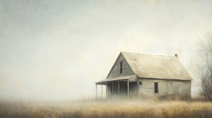 Foggy Field, Abandoned Farmhouse, Rustic Landscape, Vintage Photograph