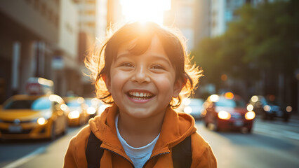 Child smiles in city street at sunset