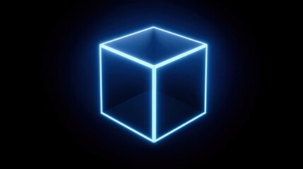 3d rendering of a cube made up of a series of lines. the cube is in the center of the image and is lit up with a bright blue neon light.