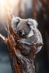Obraz premium Adorable koala clinging to a tree, bathed in soft sunlight.