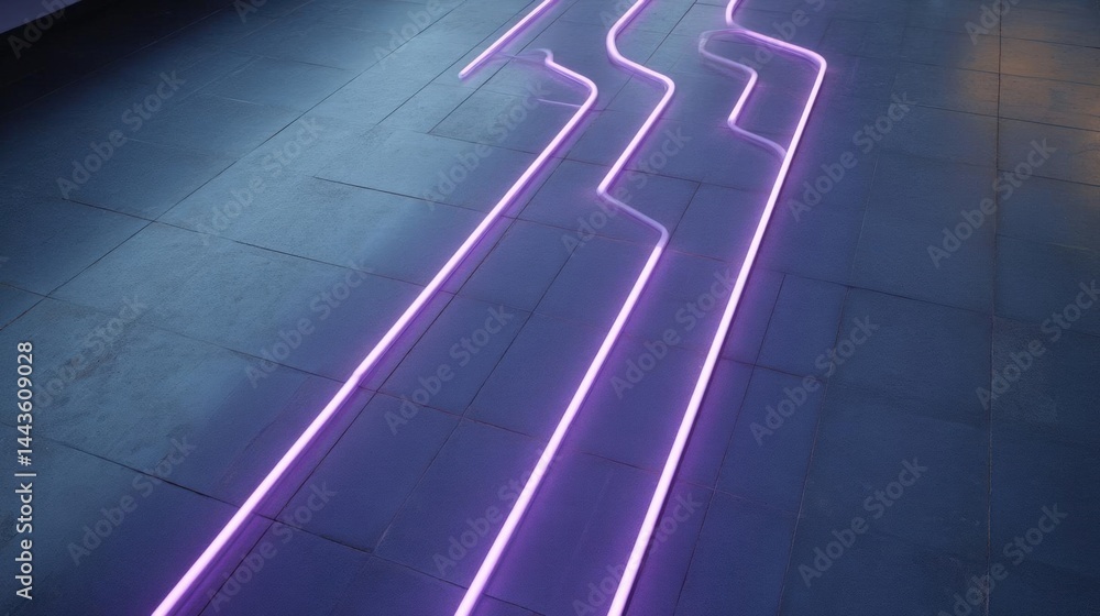 Poster long, straight line of neon lights in a dark room with a tiled floor. the neon lights are arranged i