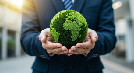A professional in a suit holding a green globe, symbolizing environmental protection, sustainability, and global awareness. Representing corporate responsibility and eco-friendly practices in business