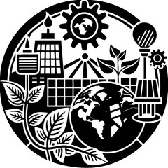 Sustainable technology icons; global ecology, plant growth, and eco-friendly solutions website design