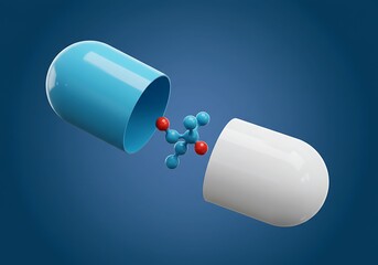 Open capsule with molecular structure on blue background